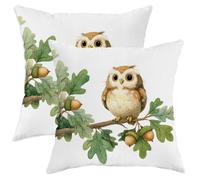 Autumn Owl Throw Pillow Covers Set of 2, White Cute Owl and Oak Leaves Decorative Cushion Covers for Home Sofa Bed Couch 22x22 Inch
