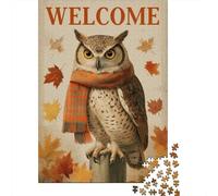 Autumn Owl Welcome Sign Jigsaw Puzzles Puzzle for Adults Kids. 1000 Pieces Impossible Challenge Toy Educational Games Home Decoration for Adults& Kids Age 14 Years Up 52x38cm/1000pcs