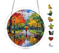 Autumn Park Rainy Day Scene 7.8x7.8" Acrylic Hanging Puzzle Decor | Creative Home Accent with Visual Appeal