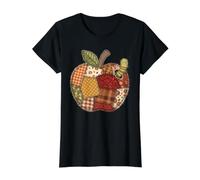 Autumn Patchwork Apple Worm Design Value Graphic T-Shirt, Women, Black, XL