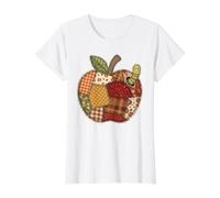 Autumn Patchwork Apple Worm Design Value Graphic T-Shirt, Women, White, XL