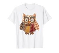 Autumn Patchwork Owl Fall Harvest Pumpkin Leaves Value Graphic T-Shirt, Men, White, L