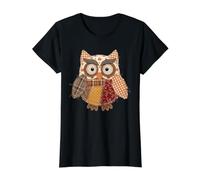 Autumn Patchwork Owl Fall Harvest Pumpkin Leaves Value Graphic T-Shirt, Women, Black, L