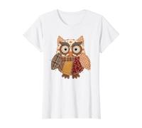 Autumn Patchwork Owl Fall Harvest Pumpkin Leaves Value Graphic T-Shirt, Women, White, L