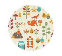 Autumn Pattern With Owl Fox Squirrel Birds Animal Print Round Mouse Pad, Sewn Edge Design 8 x 8 in