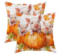 Autumn Pig Pumpkin Throw Pillow Covers Set of 2, Cute Fall Farmhouse Decor Cushion Cases, Decorative Orange Leafy Piglet Design for Couch Sofa Home 12x12 Inch