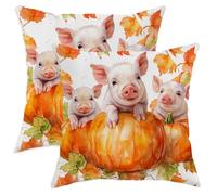 Autumn Pig Pumpkin Throw Pillow Covers Set of 2, Cute Fall Farmhouse Decor Cushion Cases, Decorative Orange Leafy Piglet Design for Couch Sofa Home 22x22 Inch