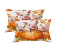 Autumn Pig Pumpkin Throw Pillow Covers Set of 2, Cute Fall Farmhouse Decor Cushion Cases, Decorative Orange Leafy Piglet Design for Couch Sofa Home 20x12 Inch