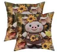 Autumn Pig Throw Pillow Covers Set of 2, Cute Sunflower Piglet Decorative Cushion Cases, Fall Harvest Farmhouse Decor for Home Sofa Bed Couch 24x24 Inch