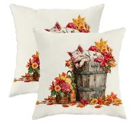 Autumn Pig Throw Pillow Covers Set of 2, Rustic Farmhouse Piglet Decorative Cushions, Fall Floral Design Soft Covers for Couch Sofa Decor 20x20 Inch