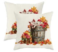 Autumn Pig Throw Pillow Covers Set of 2, Rustic Farmhouse Piglet Decorative Cushions, Fall Floral Design Soft Covers for Couch Sofa Decor 26x26 Inch