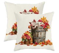 Autumn Pig Throw Pillow Covers Set of 2, Rustic Farmhouse Piglet Decorative Cushions, Fall Floral Design Soft Covers for Couch Sofa Decor 24x24 Inch