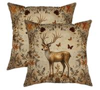 Autumn Pillow Covers Set of 2, Brown Stag Animal Throw Pillows Case, Rustic Decorative Square Farmhouse Decor Cushion Covers for Home Sofa Bed Couch 18x18 Inch