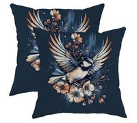 Autumn Pillow Covers Set of 2, Navy Blue Bird and Flower Decorative Throw Pillows Case, Indoor Outdoor Nature-Themed Tiny Home Decor Cushion Covers for Couch Sofa Bed 18x18 Inch