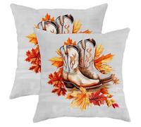 Autumn Pillow Covers Set of 2,Vintage Cowboy Boots Fall Leaves Decorative Throw Pillow Case, Farmhouse Thanksgiving Decor Cushions for Home Sofa Couch 18x18 Inch