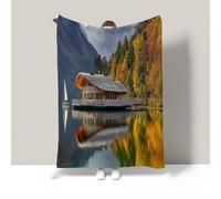 Autumn pine trees Flannel Blanket,Soft Fleece Throw with natural scenery lake reflection Print,Reversible Design with Solid Colour Back,Cozy Warm Blanket for All Seasons,Ideal for Sofa,135*200cm