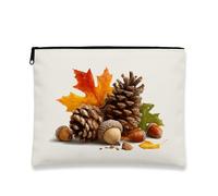 Autumn Pinecones Makeup Bag, Colorful Leaf Pattern Cosmetic Travel Pouch for Women, Portable Small Canvas Zipper Organizer, Fall Festival Gift Skincare Toiletry Bag, beige, 7x9 Inch, Pinecones