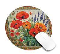 Autumn Poppy Mosaic Desk Mouse Pad, Red Orange Floral Stitched Edge Mousepad, Rubber Non-Slip Washable Gaming Mouse Pad for Home and Office Computer, Laptop Round 8x8 Inch