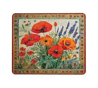 Autumn Poppy Mosaic Desk Mouse Pad, Red Orange Floral Stitched Edge Mousepad, Rubber Non-Slip Washable Gaming Mouse Pad for Home and Office Computer, Laptop Square 8x10 Inch