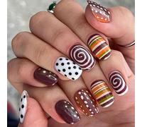 Autumn Press on False Nails Short Square Brown Art Pieces | Faux Tips with Dot Stripe Line for Party Photos, 10 Count Set