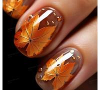 Autumn Press on Nails Short Fake Nail Fall False Nails with Maple Leaf Design Glossy Artificial Acrylic Glue on Nails Full Cover Stick on Nail for Women Manicure DIY Decoration 24 Pcs