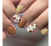 Autumn Press on Nails Short Square Fake Nails Fall Leaf Nails Press ons with Design Full Cover Glossy Stick on Nails for Women Manicure,Reusable | Artificial | Nail Sticky Tabs | Easy Apply | 24Pcs
