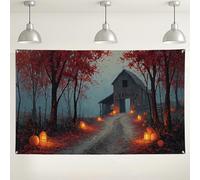 Autumn Pumpkin Barn Backdrop, Rustic Fall Landscape Decorations for Halloween Parties, Cozy Indoor/Outdoor Photo Background for Seasonal Celebrations 71x43 Inch