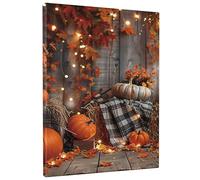 Autumn Pumpkin Canvas Wall Art, Orange Black Plaid Prints, Seasonal Halloween Decor for Living Room, Kitchen, Entryway,LED Lights 12x16 Inch