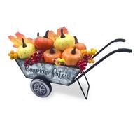 Autumn Pumpkin Decor, 23.5 cm Farmhouse Metal Wheelbarrow with Artificial Pumpkins Berries Leaves Vintage Autumn Pumpkin Trolley Garden Handcart Decoration for Kitchen Table Centrepieces Balcony Patio