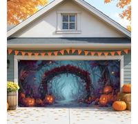Autumn Pumpkin Garage Door Cover, Enchanted Forest Halloween Decorations, Large Outdoor Fall Party Decor for Halloween and Thanksgiving 157x71 Inch