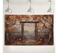 Autumn Pumpkin Gate Backdrop, Rustic Outdoor Fall Decorations for Halloween Party, Vintage Forest Landscape Background for Photography Events 71x43 Inch