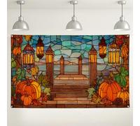 Autumn Pumpkin Lantern Wall Backdrop, Vintage Stained Glass Harvest Decorations, Fall Seasonal Photography Background for Thanksgiving Parties 71x43 Inch
