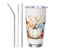 Autumn Pumpkin Leaves Floral Tumblers 20 Oz Stainless Steel Tumbler Cup Straw Three-Piece Set for Adult Women Men, Travel Coffee Mug for Office Birthday Anniversary Wedding Party