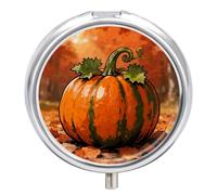 Autumn Pumpkin Round Pill Box Cute Small Fish Oil Cases Portable 3 Compartment Pill Boxes Round Pill Case with Mirror for Vitamins Medication Supplements Gift