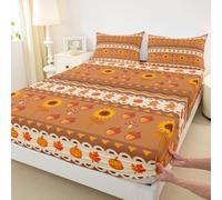 Autumn Pumpkin Single Size Fitted Sheet,Mushroom Pine Nut Sunflower Fall Thanksgiving Day Boys Girls Bed Sheet,Pixelated Geometric Stripe Wave Room Decor,Pixel Brown Bedding Set,1 Pillowcase(No Flat)