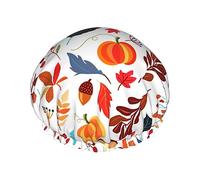 Autumn Pumpkins Fall Leaves Pattern Shower Cap & Bath Cap For Women,Reversible Oversized Waterproof Shower Caps Large Designed For All Hair Lengths,Elastic Reusable Bathing Hair Cap