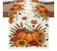Autumn Pumpkins Floral Table Runner, Rustic Harvest Sunflower Maple Leaves Dining Decor for Thanksgiving Gathering Home Celebration 13x108 Inch