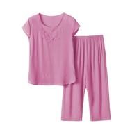 Autumn Pyjamas Solid Color Outfits Soft Ribbed V Neck Short Sleeve Tops and Wide Leg Crop Trousers Elastic Waist Pants Casual Tracksuits Loungewear Sleepwear Sets