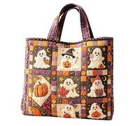 Autumn Quilted Tote Bag for Women, Large Cute Ghost and Floral Pattern Tote Bag with Zip, Pumpkin Shopping Bag, Womens Work Tote with Pockets, Teacher Tote Bag for Fall Halloween