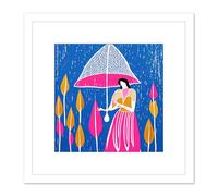 Autumn Rainstorm Boho Abstract Lady With Umbrella Leaves Colourful Pink Blue Illustration Square Wooden Framed Wall Art Print Picture 8X8 Inch Artery8 White One Size