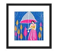 Autumn Rainstorm Boho Abstract Lady With Umbrella Leaves Colourful Pink Blue Illustration Square Wooden Framed Wall Art Print Picture 8X8 Inch Artery8 Black One Size