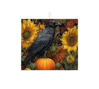 Autumn Raven Dish Drying Mats For Kitchen Counter, Black Crow Sunflower Absorbent Dish Drainer Rack Mat, Fall Microfiber Drying Pad For Kitchen Counter Decor 16x18 Inch