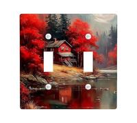 Autumn Red Cabin Light Switch Cover Plates, Scenic Forest Lake Design for Home Decor, Thermoplastic Wall Plates, Standard Size Double Toggle