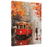 Autumn Red Vintage Tram Canvas Wall Art, Brown Orange Rainy Day Street Scene, Modern Romantic Wall Art Home Decor For Living Room, Bedroom, Office, Unframed 16x20 Inch