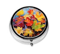 Autumn River Maple Leaves Round Pill Box with 3 Compartments, Mini Metal Pill Organizer for Purse or Pocket, Lightweight Portable for Daily Use Gifts Travel