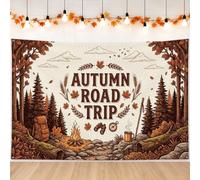 Autumn Road Trip Adventure Quote Forest Backdrop Banner 83x59 Inch | Vintage Woodcut Illustration, Photography Backdrop, Hiking Adventure Theme, Campfire And Forest Landscape