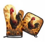 Autumn Rooster Sunflowers Oven Mitts & Pot Holders BBQ Gloves, Heat Resistant Kitchen Oven Gloves Hot Pads for Cooking Baking Grilling