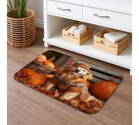 Autumn Rustic Animal Bath Mat, Cozy Pumpkin Leaves Pattern Absorbent Non Slip Shower Rug, Fall Memory Foam Washable Bath Rugs for Bathroom Decor 16x24 Inch