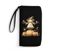 Autumn Scarecrow Pumpkins Women's Wallet Leather Bifold Blocking Card Holder Trendy Ladies Clutch Purse with Hand Rope 19.7x10.5cm
