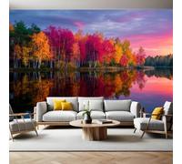 Autumn Scene Murals Photo Wallpaper Birch Forest by The Lake Non-Woven Premium Art Print Fleece Wall Mural Poster Picture Design Modern Boy Girl Bedroom Home Decor 350 x 256cm
